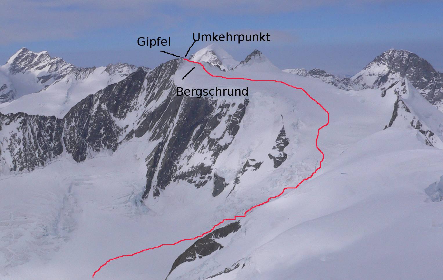 Blick vom Finsteraarhorn zur Aufstiegsroute